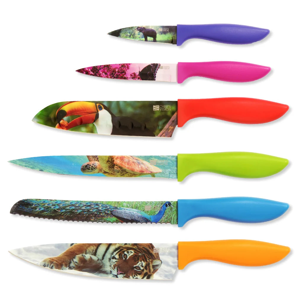 The Chef's Vision Wildlife Six-Piece Knife Set features stainless steel blades with ergonomic, colorful handles and vivid animal images—bear, toucan, sea turtle, peacock, and tiger—on non-stick coated knives arranged in a row.