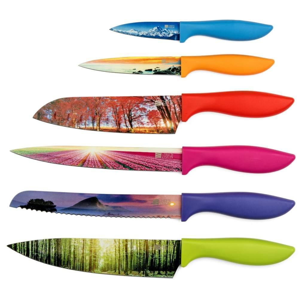 A set of Chef's Vision Landscape Series Six-Piece Knife Set with different designs.