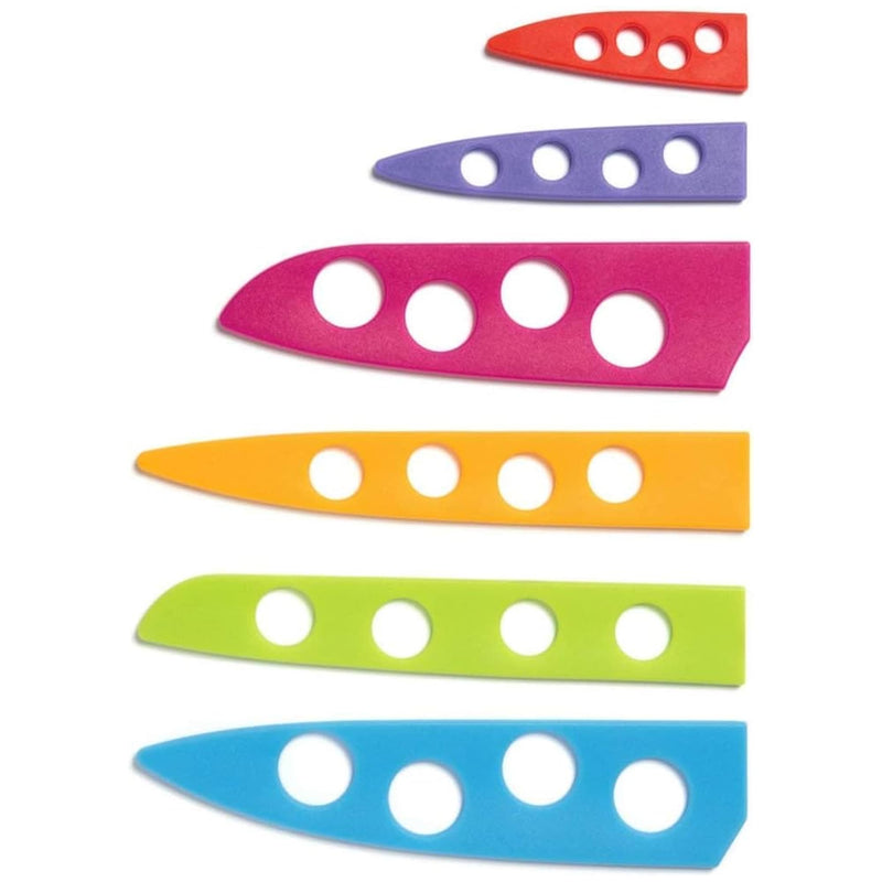 Introducing the BladeKeepers Blade Covers for the Cosmos Series Knife Set from Chef's Vision: a stunning collection of six colorful covers that offer exceptional protection for your knife blades. Each cover features multiple round holes, beautifully arranged in a gradient from red to blue, adding both style and functionality to your kitchen.