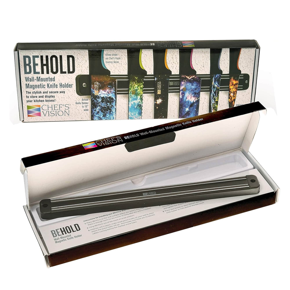 The packaging highlights a vibrant assortment of colorful knife designs, perfectly capturing the essence of the Chef's Vision BEHOLD Wall-Mounted Magnetic Knife Holders as a stylish addition to your kitchen decor.