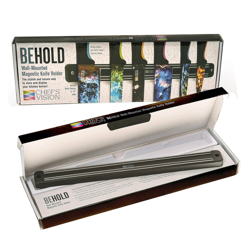 A set of Chef's Vision BEHOLD Wall-Mounted Magnetic Knife Holders in a box.