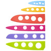 A playful yet practical addition to any kitchen toolkit, Chef's Vision BladeKeepers Blade Covers for the Landscape Series Knife Set feature six vibrant, color-coded protectors with circular cutouts arranged in descending size order.