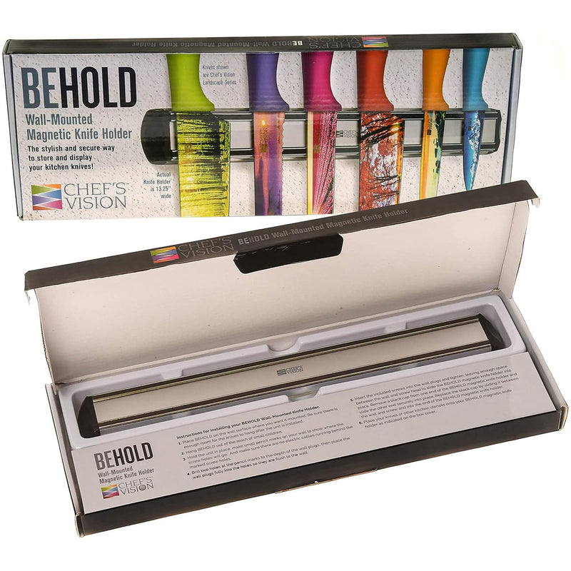 The packaging highlights a vibrant assortment of colorful knife designs, perfectly capturing the essence of the Chef's Vision BEHOLD Wall-Mounted Magnetic Knife Holders as a stylish addition to your kitchen decor.