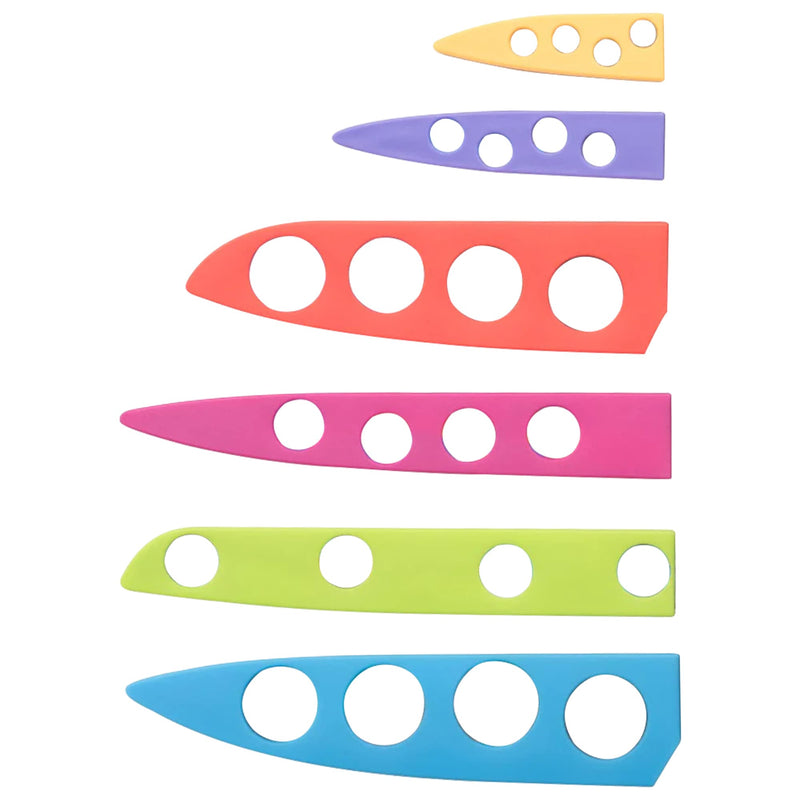 Introducing the BladeKeepers Blade Covers for Chef's Vision's Jurassic Series Knife Set, featuring six vibrant, color-coded covers for optimal blade protection. Each cover is designed with three circular holes, adding a touch of style to your kitchen essentials.