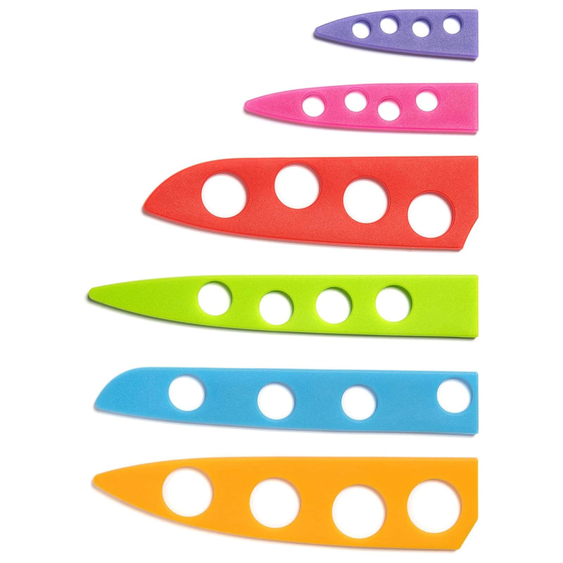The BladeKeepers Blade Covers for the Chef's Vision Wildlife Series Knife Set feature five vibrant blade guards in descending size order from top to bottom: purple, pink, red, green, blue, and orange—each adorned with circular cutouts to provide premium blade protection. For your convenience, these are dishwasher safe.