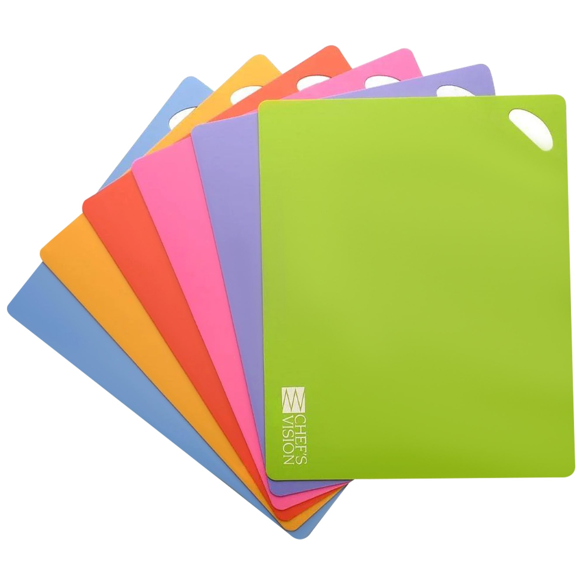 Chef's Vision offers a set of six Slice Bright Flexible Cutting Mats, designed in vivid green, pink, red, orange, yellow, and blue hues. Each BPA-free mat features an anti-bacterial surface and a convenient corner handle cut-out for easy use. These mats are stacked in a fan arrangement.