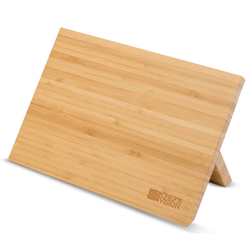 The BEHOLD Magnetic Kitchen Knife Block by Chef’s Vision is a sleek black, angled organizer and storage solution featuring the Chef’s Vision logo in the bottom right corner.