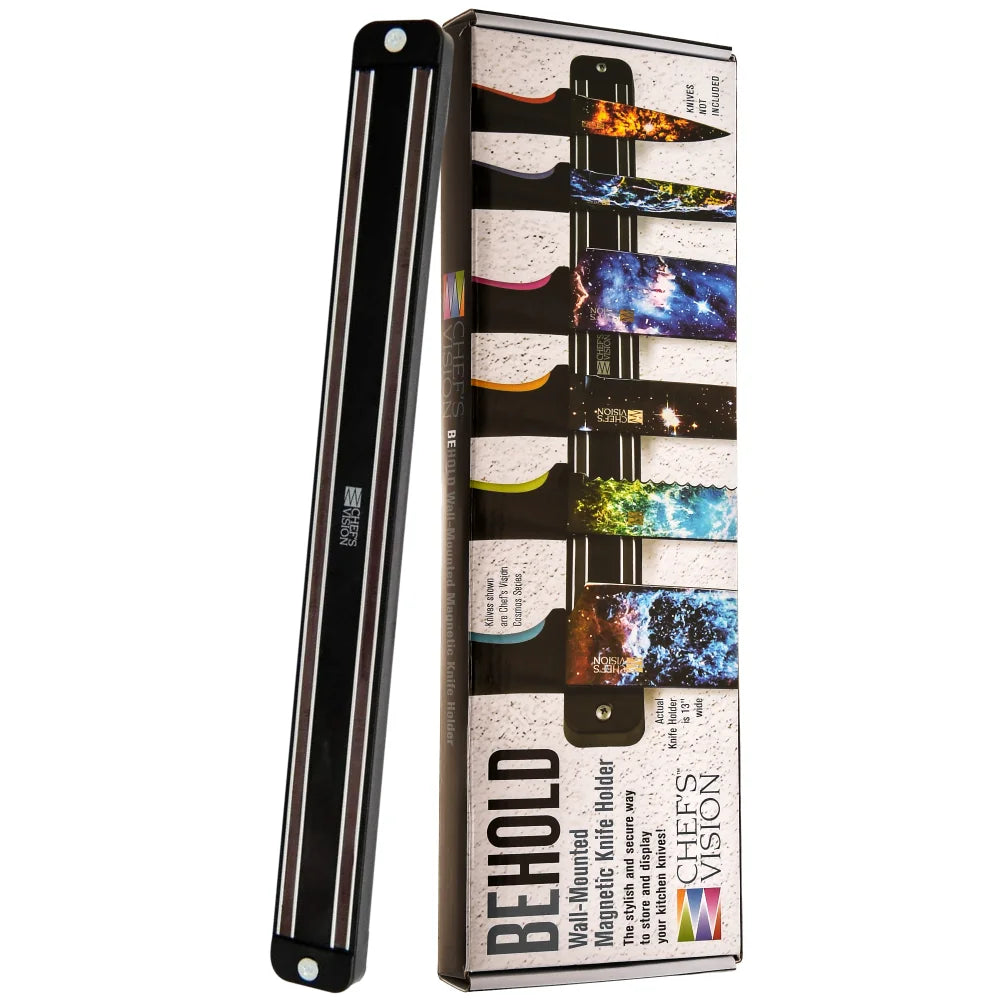 A black BEHOLD Wall-Mounted Magnetic Knife Holder by Chef's Vision sits beside its vibrant packaging, which features colorful knife designs and the product name for stylish, efficient knife storage.