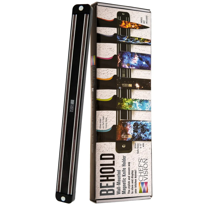 A black BEHOLD Wall-Mounted Magnetic Knife Holder by Chef's Vision sits beside its vibrant packaging, which features colorful knife designs and the product name for stylish, efficient knife storage.