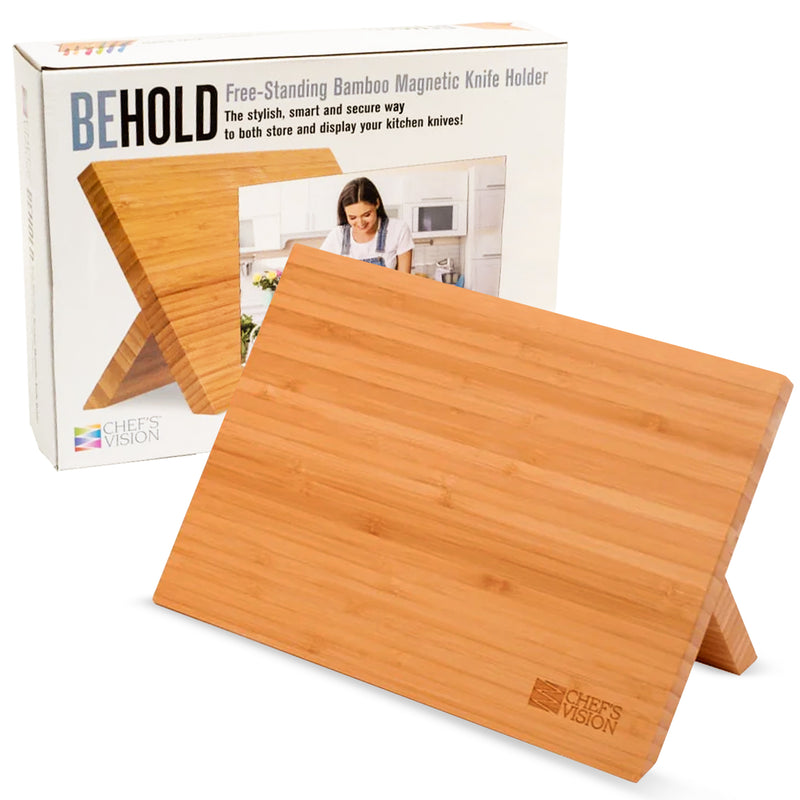 A variety of packaging and displays of Chef's Vision knife holders, including the Chef's Vision Magnetic Knife Holder, are arranged on a white background.