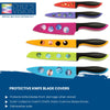 Introducing BladeKeepers by Chef's Vision, featuring vibrant cosmic designs for your Cosmos Series Knife Set. Displayed vertically against a white backdrop, these blade covers offer unmatched protection and color-coded convenience. Plus, they're dishwasher safe for easy cleaning.