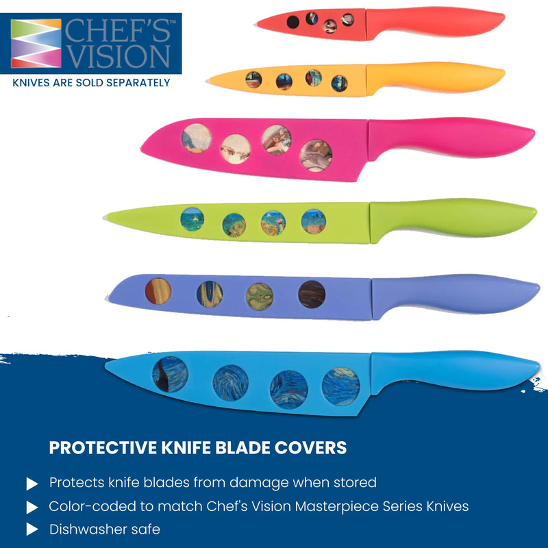 Explore the striking Chef's Vision BladeKeepers Blade Covers for the Masterpiece Series Knife Set, showcasing color-coded covers with circular cutout designs and coordinated knife handles. These covers deliver outstanding blade protection and are dishwasher safe, guaranteeing your knives stay in excellent condition while brightening up your kitchen with a touch of color.
