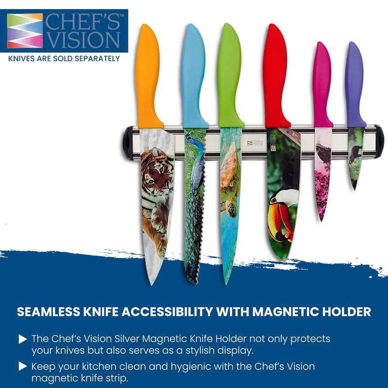 Add a lively touch to your kitchen with the BEHOLD Wall-Mounted Magnetic Knife Holder by Chef's Vision, featuring six vibrant knives with nature-themed blade designs.