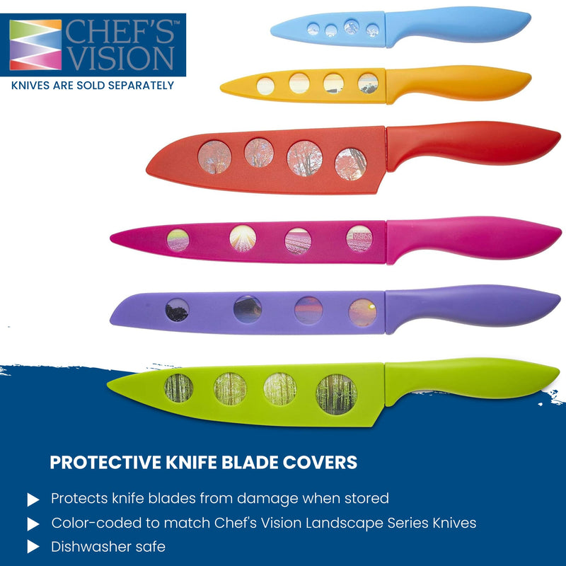 The BladeKeepers Blade Covers for the Landscape Series Knife Set from Chef's Vision are featured, highlighting their vibrant design with circular cutouts. The text points out their protective, dishwasher-safe qualities and color-coded covers, enhancing both safety and convenience in your kitchen collection.