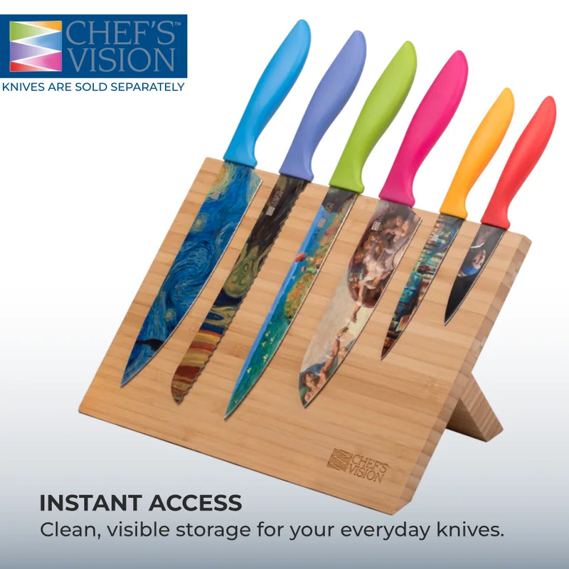 The BEHOLD Magnetic Kitchen Knife Block by Chef’s Vision stylishly displays six colorful knives with artistic blades; “Knives sold separately.” Ideal for organized and elegant knife storage in your kitchen.