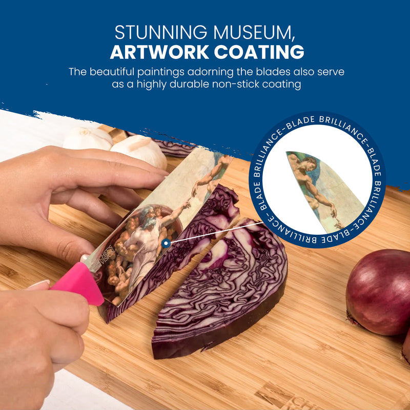 A Masterpiece Six-Piece Knife Set from Chef's Vision, featuring a stainless steel blade with intricate artwork coating, effortlessly slices through a piece of red cabbage on a wooden surface.