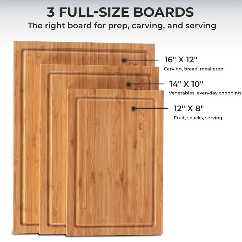 The SliceBright Moso Bamboo Cutting Boards by Chef's Vision come in a set of three different sizes: 16"x12" for carving and meal prep, 14"x10" for vegetables, and 12"x8" for fruit and snacks. Each knife-friendly bamboo board features deep juice grooves to capture excess liquids and a convenient hanging hole for easy storage.