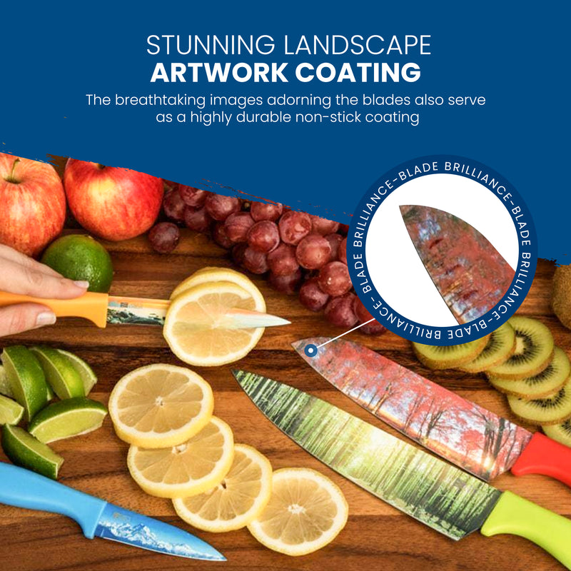 A hand slices a banana with an ergonomic Chef’s Vision Landscape Six-Piece Knife Set, featuring stainless steel blades and colorful landscape artwork; various fruits are displayed on a wooden surface.