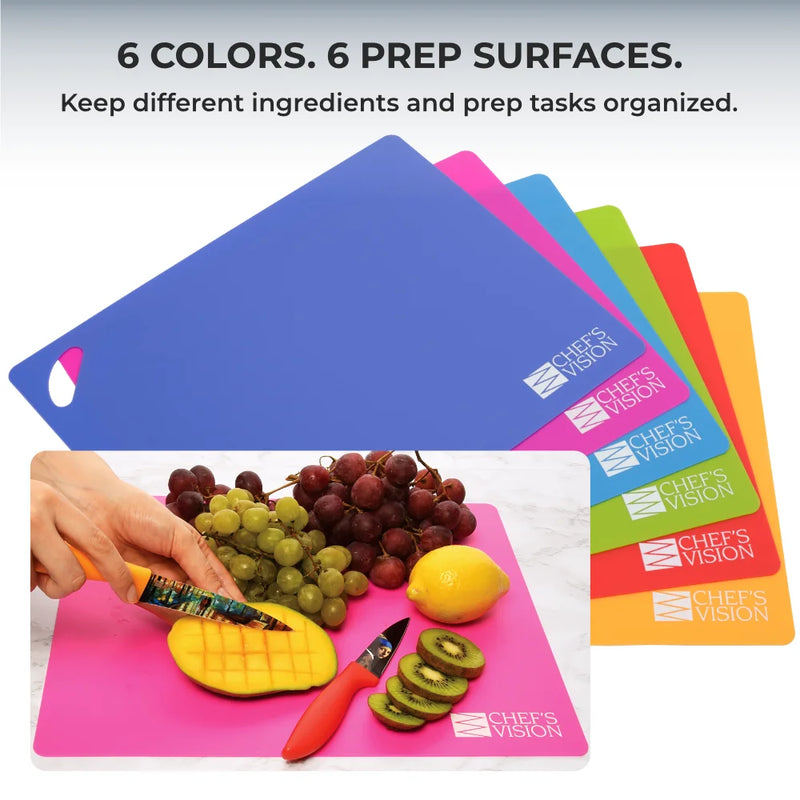 A set of six SliceBright Flexible Cutting Mats by Chef's Vision is fanned out and stacked, each featuring a convenient handle cutout in the corner. These color-coded boards are dishwasher safe, with the green mat at the front displaying the "Chef's Vision" logo.