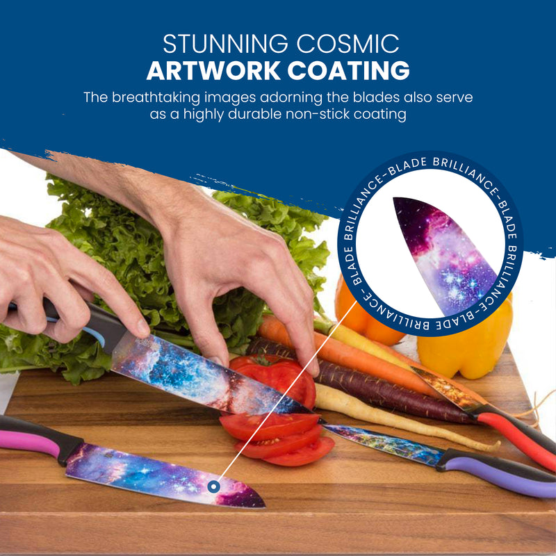 Using a knife from the Chef's Vision Cosmos Six-Piece Knife Set, known for its colorful cosmic design and non-stick coating, a person slices a tomato on a wooden cutting board.