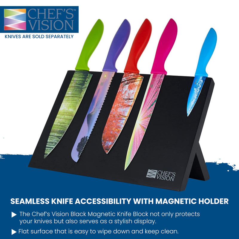 Five vibrant knives are elegantly presented on the BEHOLD Magnetic Kitchen Knife Block by Chef's Vision. The sleek black design beautifully displays blades in blue, green, purple, red, and multicolored hues against a pristine white background. This eye-catching setup not only enhances your kitchen decor with a splash of color but also offers efficient knife storage.