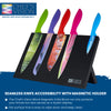 Five vibrant knives are elegantly presented on the BEHOLD Magnetic Kitchen Knife Block by Chef's Vision. The sleek black design beautifully displays blades in blue, green, purple, red, and multicolored hues against a pristine white background. This eye-catching setup not only enhances your kitchen decor with a splash of color but also offers efficient knife storage.
