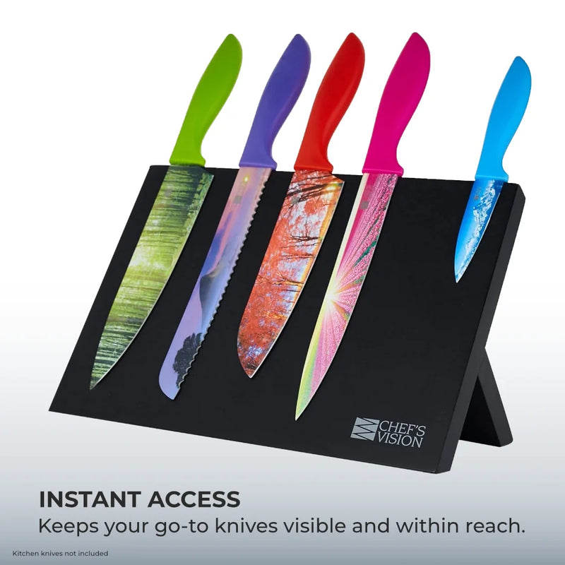 A set of five colorful knives with scenic blade designs is displayed on the BEHOLD Magnetic Kitchen Knife Block by Chef's Vision, with the brand logo clearly visible.