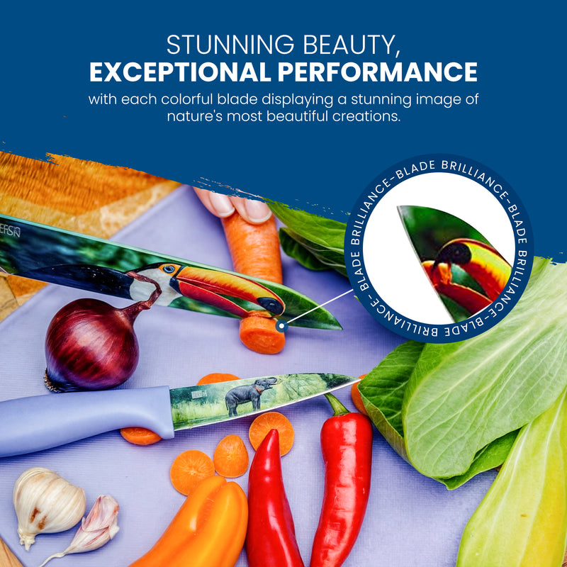 The Chef's Vision Wildlife Six-Piece Knife Set, featuring vibrant animal and nature designs with ergonomic handles, is displayed among fresh vegetables on a blue surface.