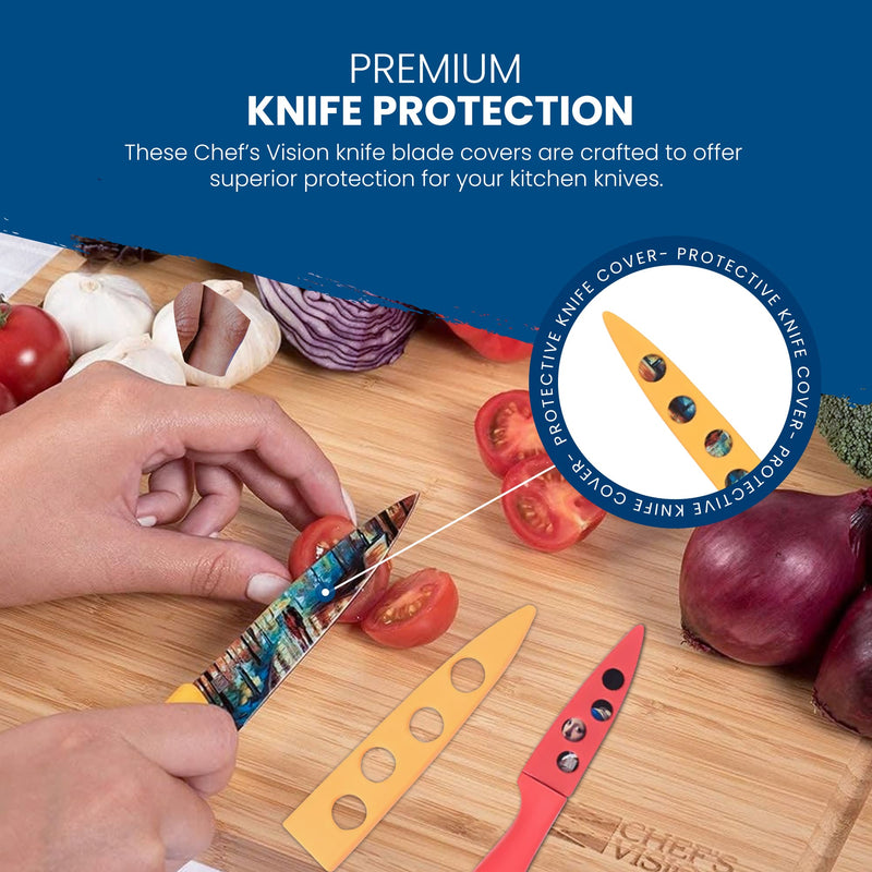 A person slicing a tomato with a vibrant knife from Chef's Vision, part of the Masterpiece Series Knife Set, on a wooden board surrounded by vegetables, protected by BladeKeepers Blade Covers.