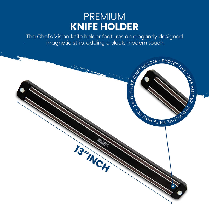 Image of the 13-inch BEHOLD Wall-Mounted Magnetic Knife Holder by Chef's Vision, showcasing an elegantly designed magnetic strip. It features a protective, sleek, modern design that is perfect for organizing kitchen knives and enhancing kitchen decor.