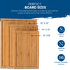 The Slice Bright Bamboo Cutting Boards by Chef's Vision are shown in three different sizes, 16"x12", 14"x10", and 12"x8", each marked with icons to highlight their eco-friendly nature, easy-to-clean feature, and smooth surface.