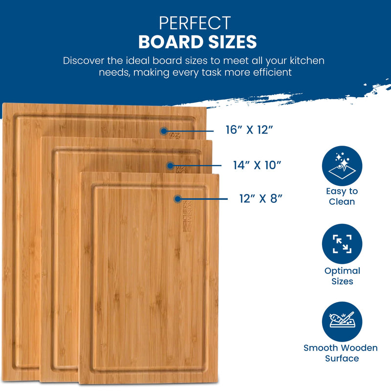 The Slice Bright Bamboo Cutting Boards by Chef's Vision are shown in three different sizes, 16"x12", 14"x10", and 12"x8", each marked with icons to highlight their eco-friendly nature, easy-to-clean feature, and smooth surface.