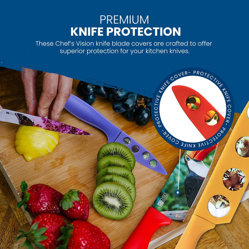 A vibrant Wildlife Series Knife Set by Chef's Vision, featuring colorful knives with BladeKeepers blade covers for premium protection, is displayed beside sliced fruits. These knives are also conveniently dishwasher safe for easy cleaning.