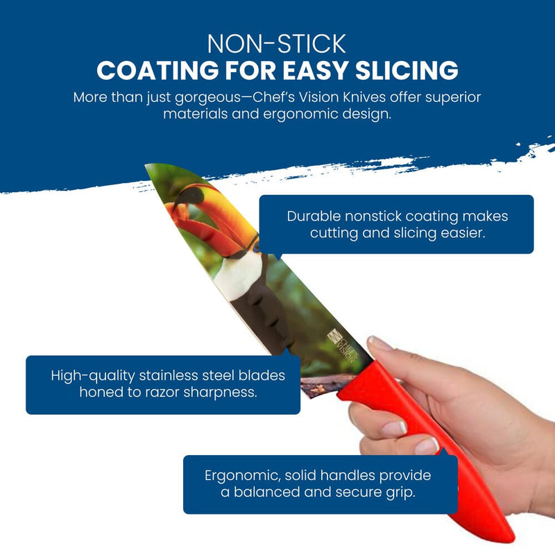 A hand holds a chef’s knife from the Chef's Vision Wildlife Six-Piece Knife Set, featuring a colorful blade, red ergonomic handle, non-stick coating, and durable stainless steel construction.