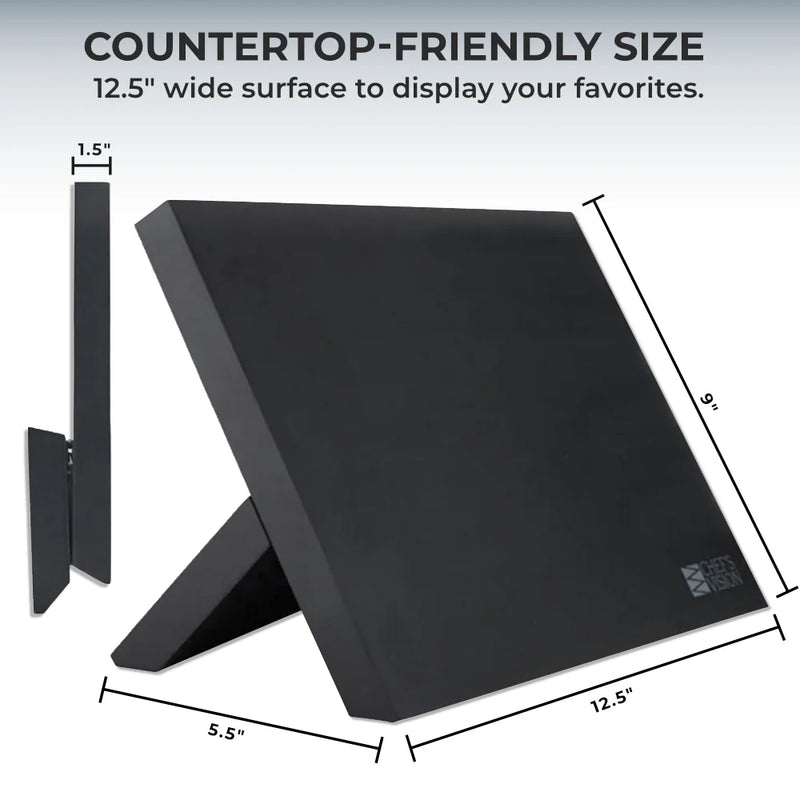 The Chef's Vision BEHOLD Magnetic Kitchen Knife Block is a black countertop-friendly organizer with stand, measuring 12.5" wide, 5.5" deep, and 1.5" thick—perfect for stylish knife storage or as a sleek kitchen knife display.