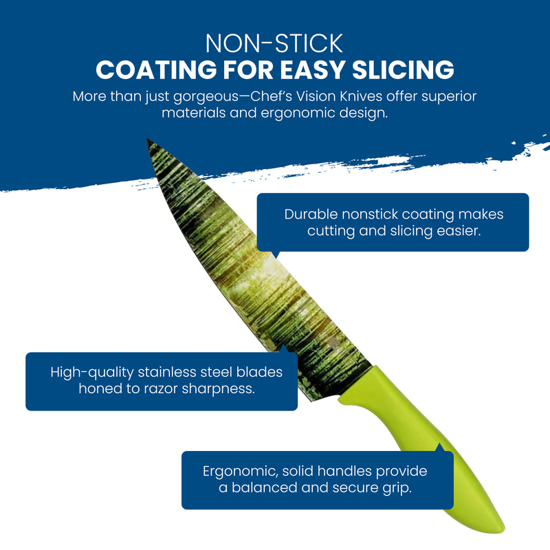 The Landscape Six-Piece Knife Set by Chef's Vision is shown with a green-handled chef's knife, featuring an ergonomic grip, razor-sharp stainless steel blade, and easy-slicing performance.