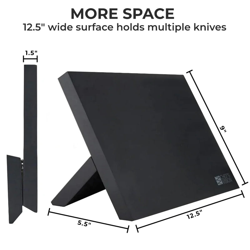 The BEHOLD Magnetic Kitchen Knife Block by Chef's Vision features a 12.5" wide, 9" high, and 1.5" thick surface for knife storage and kitchen organization; shown from side and front views with labeled dimensions.