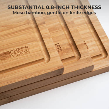 Experience the SliceBright Moso Bamboo Cutting Boards – Set of 3 by Chef's Vision, featuring three stacked boards engraved with the brand name, each boasting a 0.8-inch thickness, knife-friendly surfaces, and rounded juice groove detailing.