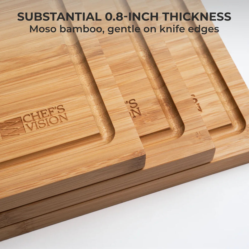 Experience the SliceBright Moso Bamboo Cutting Boards – Set of 3 by Chef's Vision, featuring three stacked boards engraved with the brand name, each boasting a 0.8-inch thickness, knife-friendly surfaces, and rounded juice groove detailing.