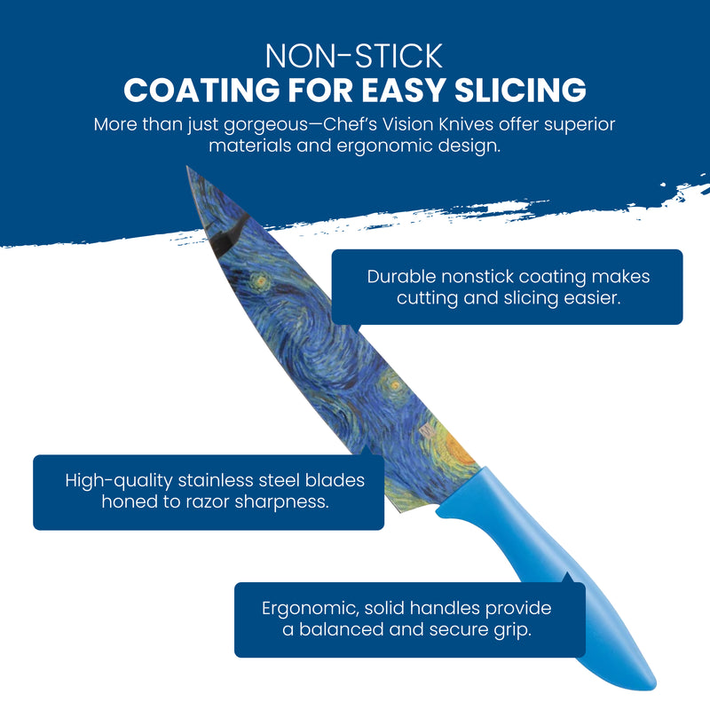 Image shows a knife with a blue handle and a blade featuring a starry night design. Text highlights its nonstick coating, high-quality stainless steel blades, and ergonomic, solid handle for easy slicing. Part of the Masterpiece Six-Piece Knife Set by Chef's Vision, this piece showcases stunning artwork coating.