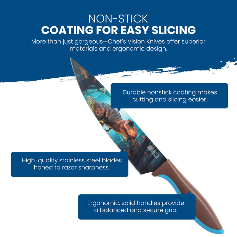 The Chef's Vision Jurassic Six-Piece Knife Set features colorful stainless steel blades with a non-stick coating and ergonomic brown handles—an essential addition to any quality kitchen collection.