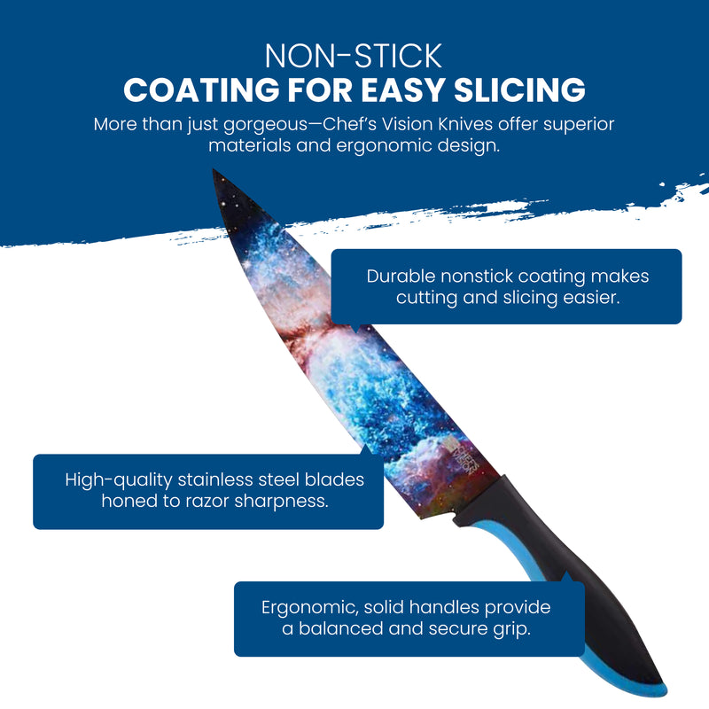The Chef's Vision Cosmos Six-Piece Knife Set features colorful, non-stick stainless steel blades, ergonomic handles for comfortable slicing, and dishwasher safe convenience.