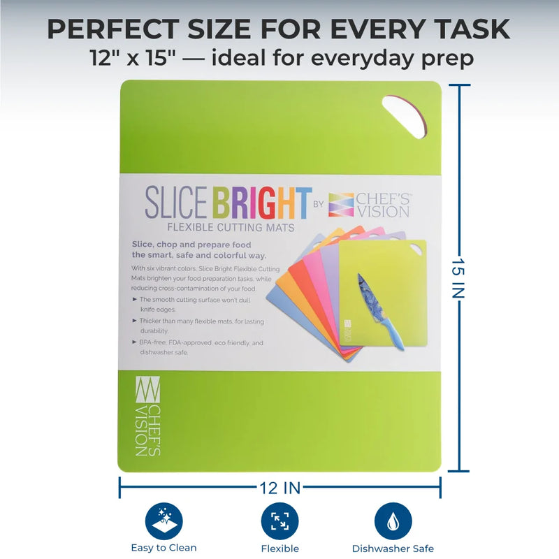 The Slice Bright Flexible Cutting Mats by Chef's Vision, shown in green and measuring 12x15 inches, come in a set of 6 with packaging highlighting their BPA-free material, flexibility, and dishwasher-safe, easy-to-clean design.