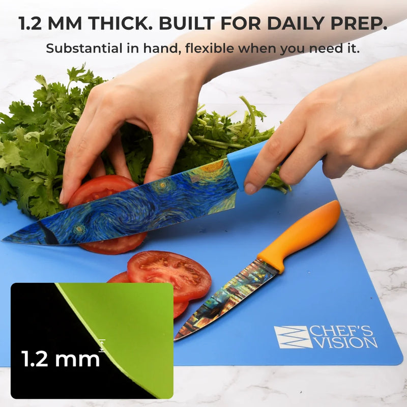 A hand slices a tomato on the Chef's Vision SliceBright Flexible Cutting Mat in blue next to fresh herbs and a colorful knife, with text highlighting the mat’s 1.2 mm thickness—perfect for daily prep; set includes 6 color-coded mats.