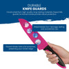 A hand takes hold of a vibrant pink knife from the Cosmos Knife Set, its sturdy guard featuring colorful circular designs. The text highlights Chef's Vision's BladeKeepers Blade Covers, ensuring protection against damage, dulling, accidental cuts, and nicks.