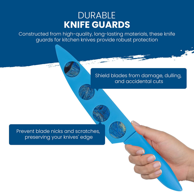 A hand holds a blue knife equipped with BladeKeepers, emphasizing the remarkable blade protection. The descriptive text highlights the durability and superior design of the Chef's Vision Masterpiece Series Knife Set, ensuring safety with its innovative BladeKeepers covers.