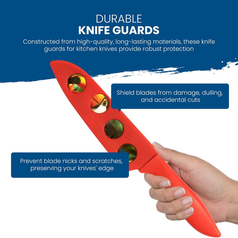 A hand holding a red BladeKeepers Blade Cover with three holes from Chef's Vision demonstrates its durability and blade protection, ensuring the Wildlife Series Knife Set stays safe from damage, dulling, and accidental cuts.
