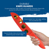 A hand holding a red BladeKeepers Blade Cover with three holes from Chef's Vision demonstrates its durability and blade protection, ensuring the Wildlife Series Knife Set stays safe from damage, dulling, and accidental cuts.