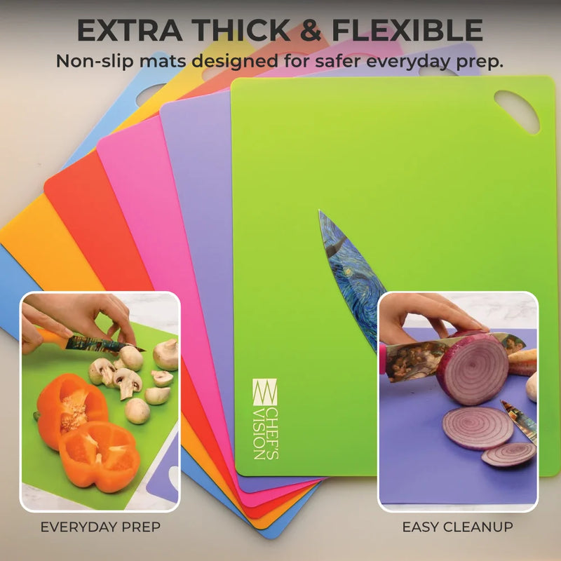 Chef’s Vision Slice Bright Flexible Cutting Mats – Set of 6 are colorful, extra-thick, BPA-free mats with a non-slip, practical design for everyday use and easy cleanup; shown here with vegetables being chopped.