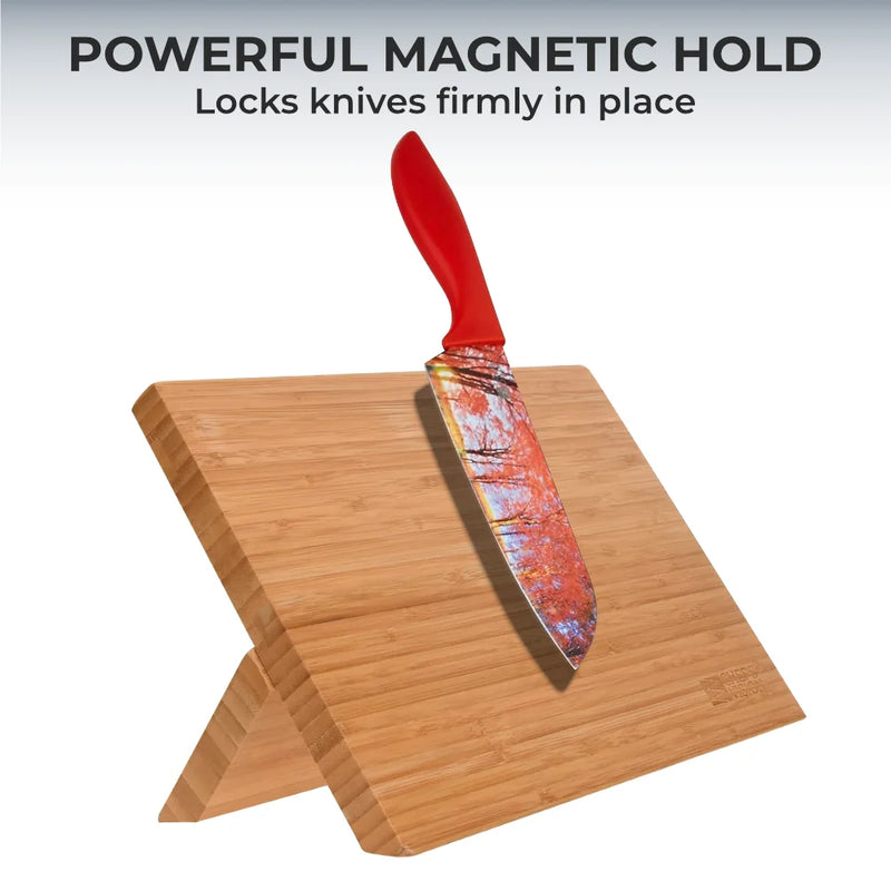 The Chef's Vision BEHOLD Magnetic Kitchen Knife Block securely holds a large red-handled knife, providing safe, stylish storage and improved kitchen organization.